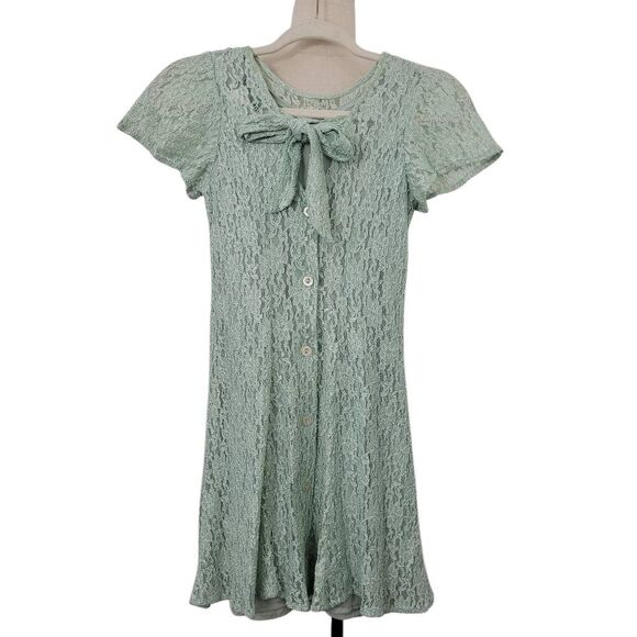 Vintage 90s Jazz Kids Girls Dress Size 10? Mint Green Lace Overlay Slip Button - Picture 2 of 5